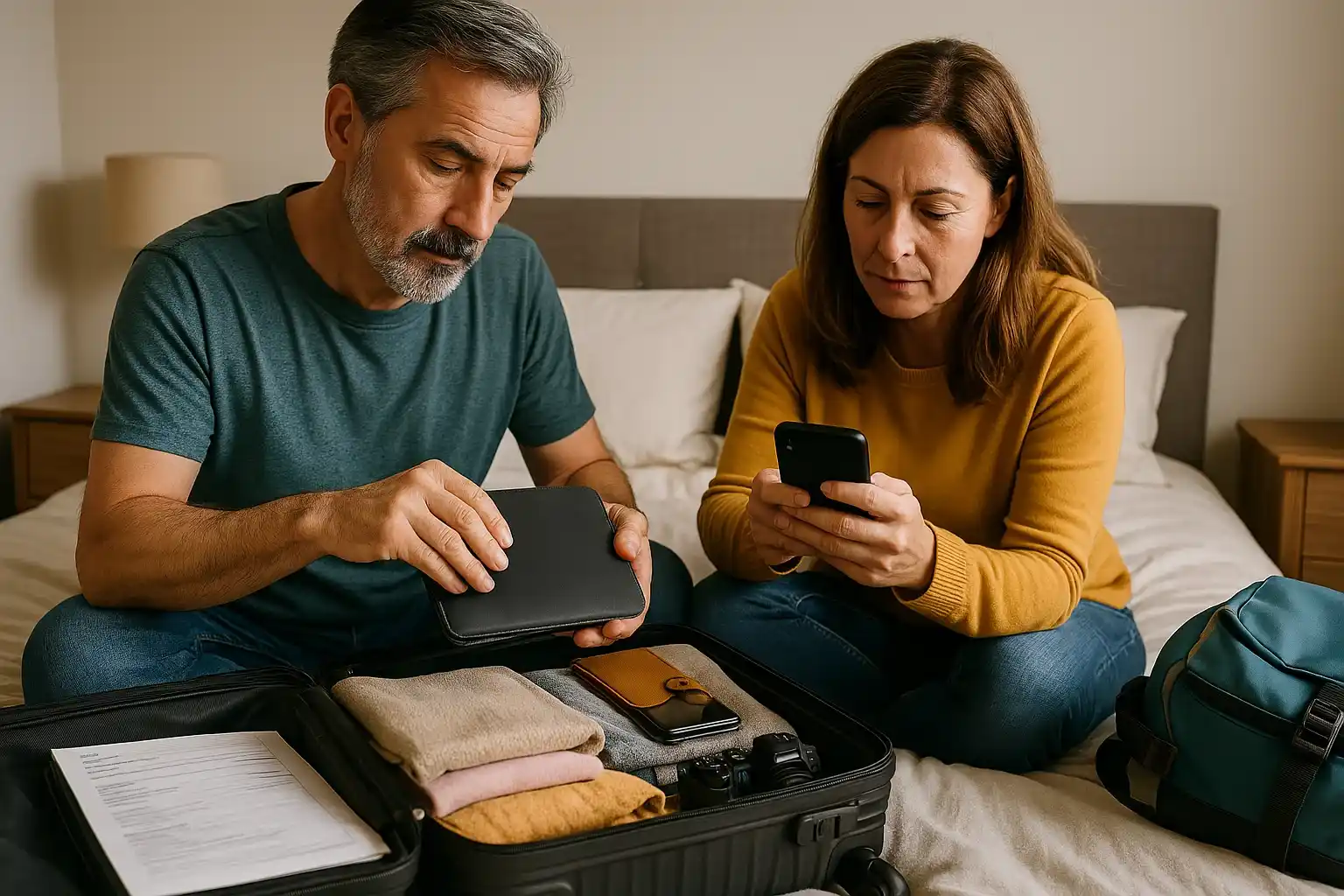 A couple is preparing their luggage and checking important items and apps together, ensuring nothing valuable is left behind.