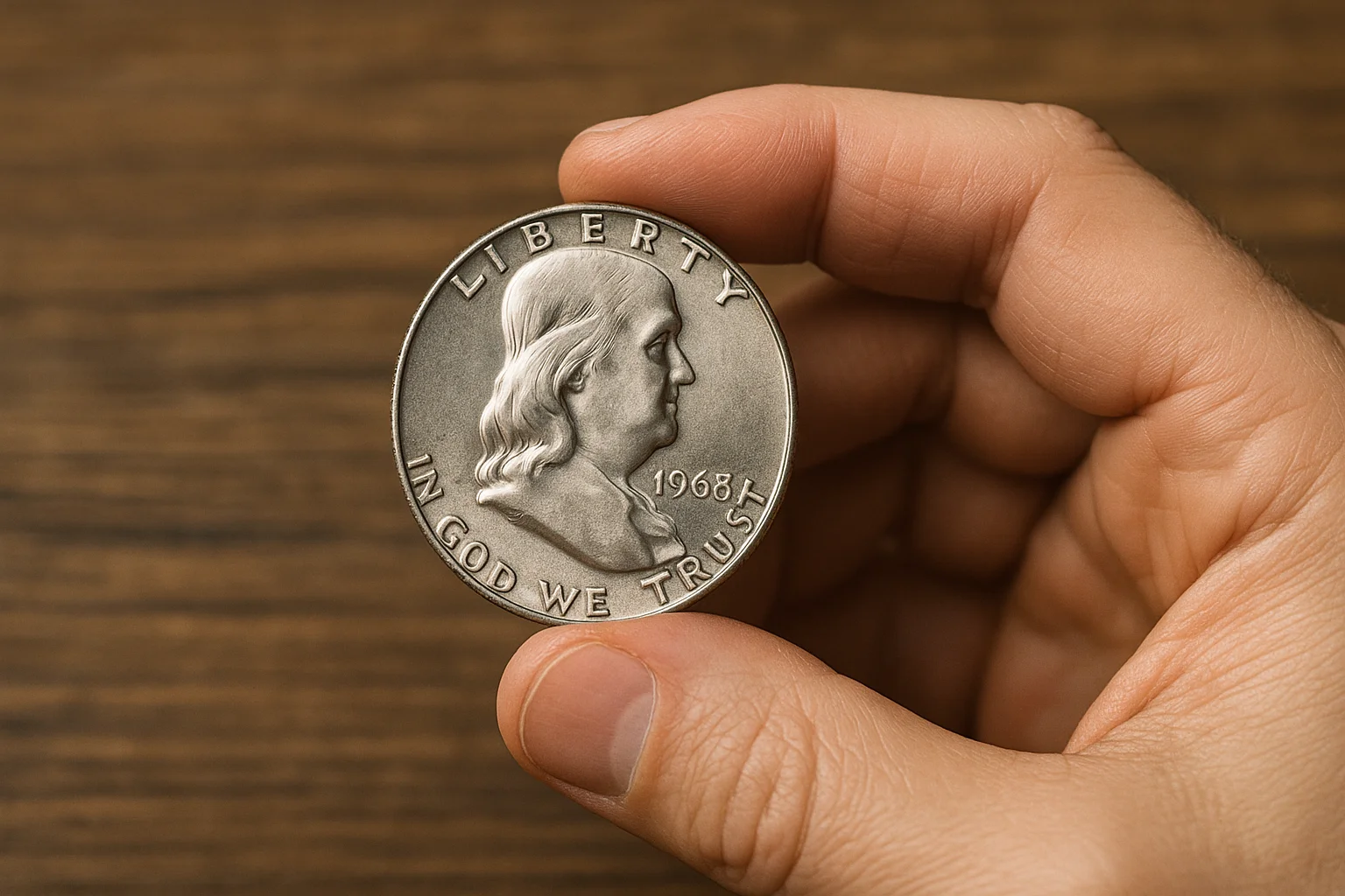 close-up of a person’s hand holding a 1963 Franklin Half Dollar coin over a wooden surface