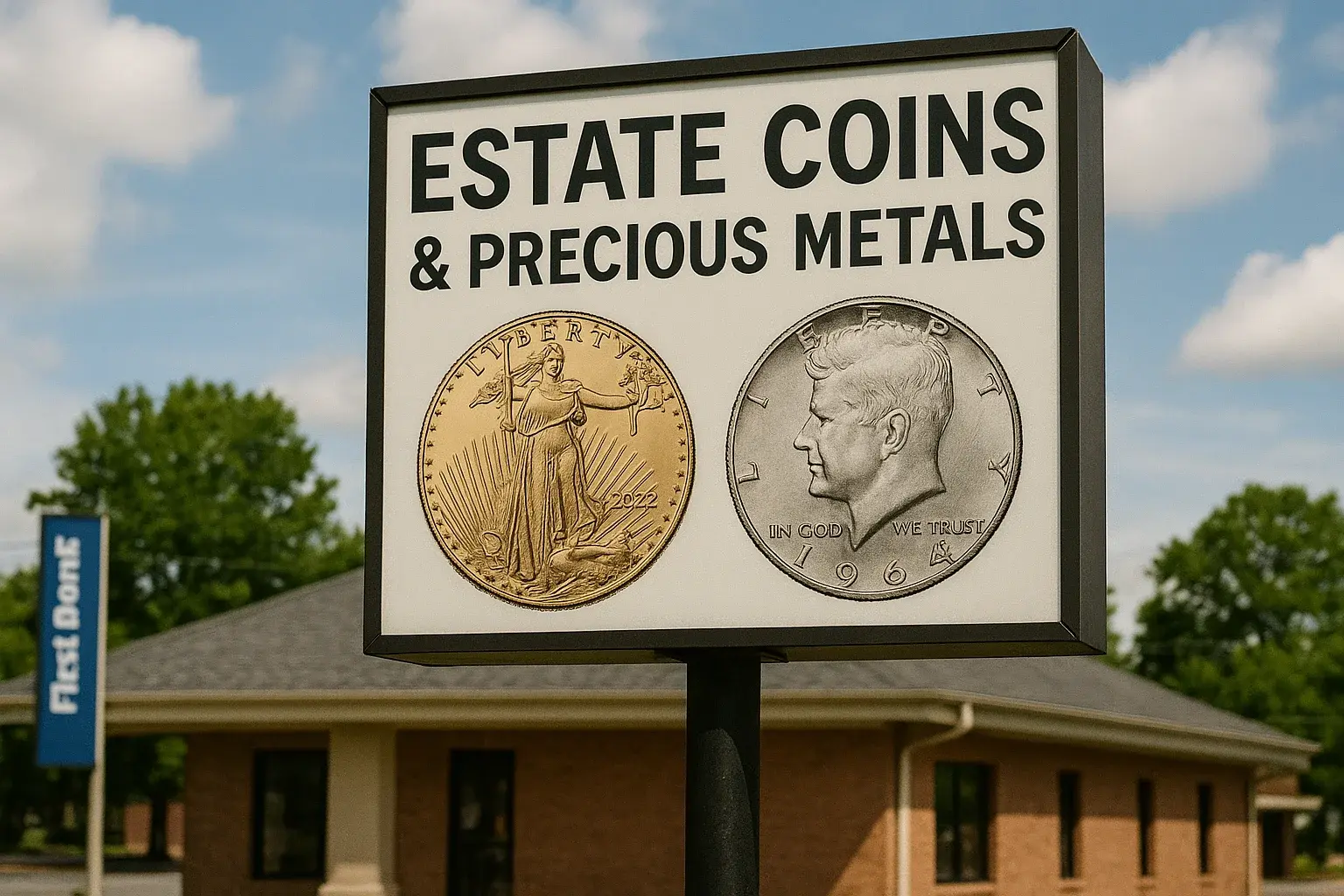 a sign reading “ESTATE COINS & PRECIOUS METALS” featuring a 2022 Gold American Eagle and a 1964 Kennedy Half Dollar, set in front of a coin shop.