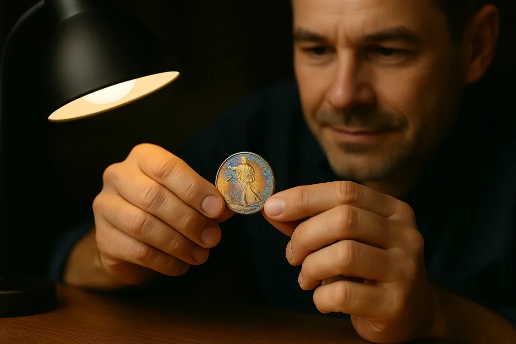 A collector inspects a silver coin with gold-blue toning under angled light to evaluate whether the color is natural and stable.