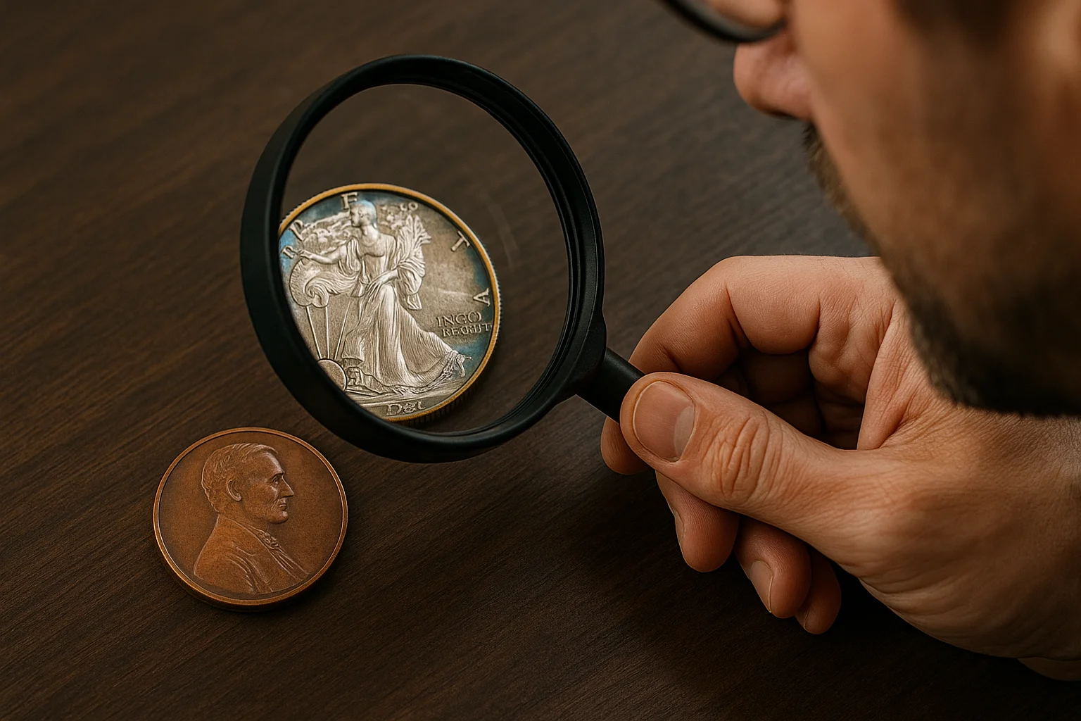 A collector examines a silver-toned coin and a naturally browned copper piece under a magnifying glass to study how different metals develop color over time.
