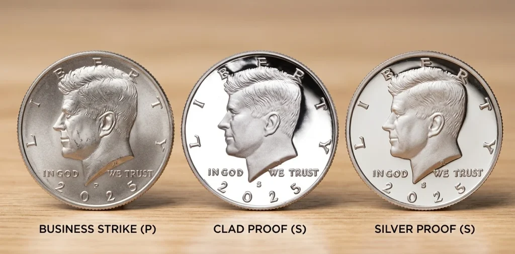 Three 2025 Kennedy half dollars: business strike P, clad proof S, silver proof S.